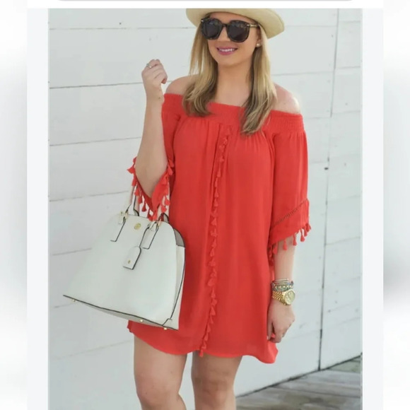 LOVE FIRE Boho Off The Shoulder Tassel Mini Dress In red. Size small - Picture 3 of 15